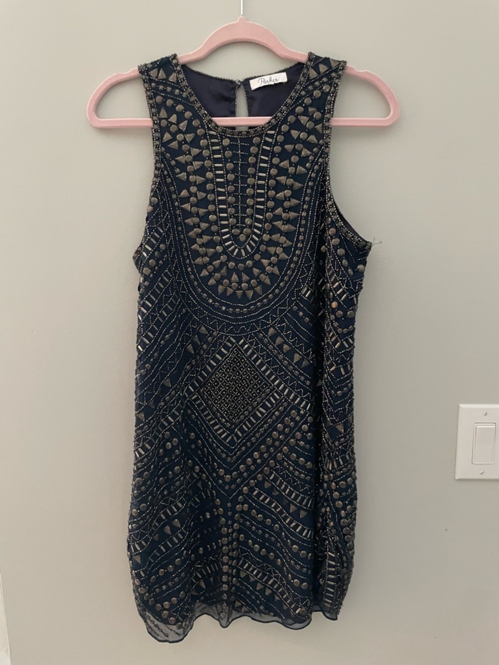 Parker 100% silk Beaded navy Sleeveless Party Dress size S